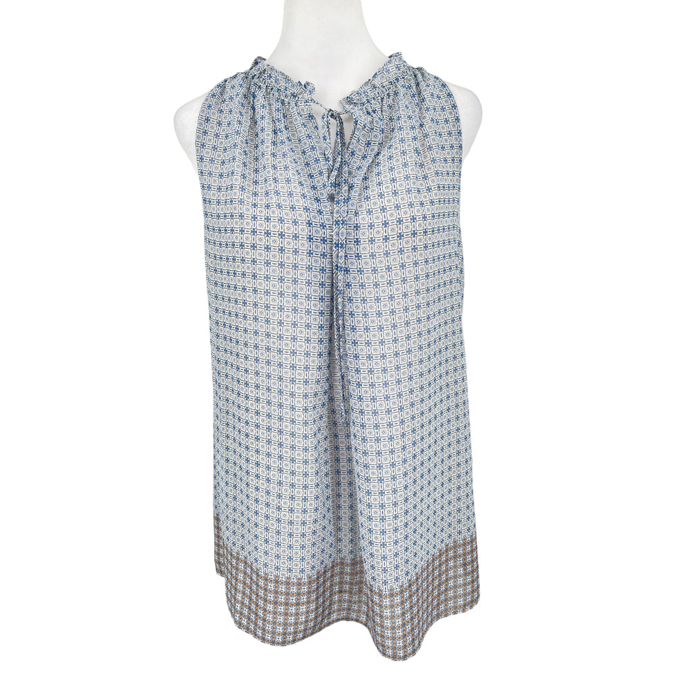 NWT - MAX STUDIO Geo Print Sleeveless Blouse Top Split Tie Neck Blue - Sz Small
